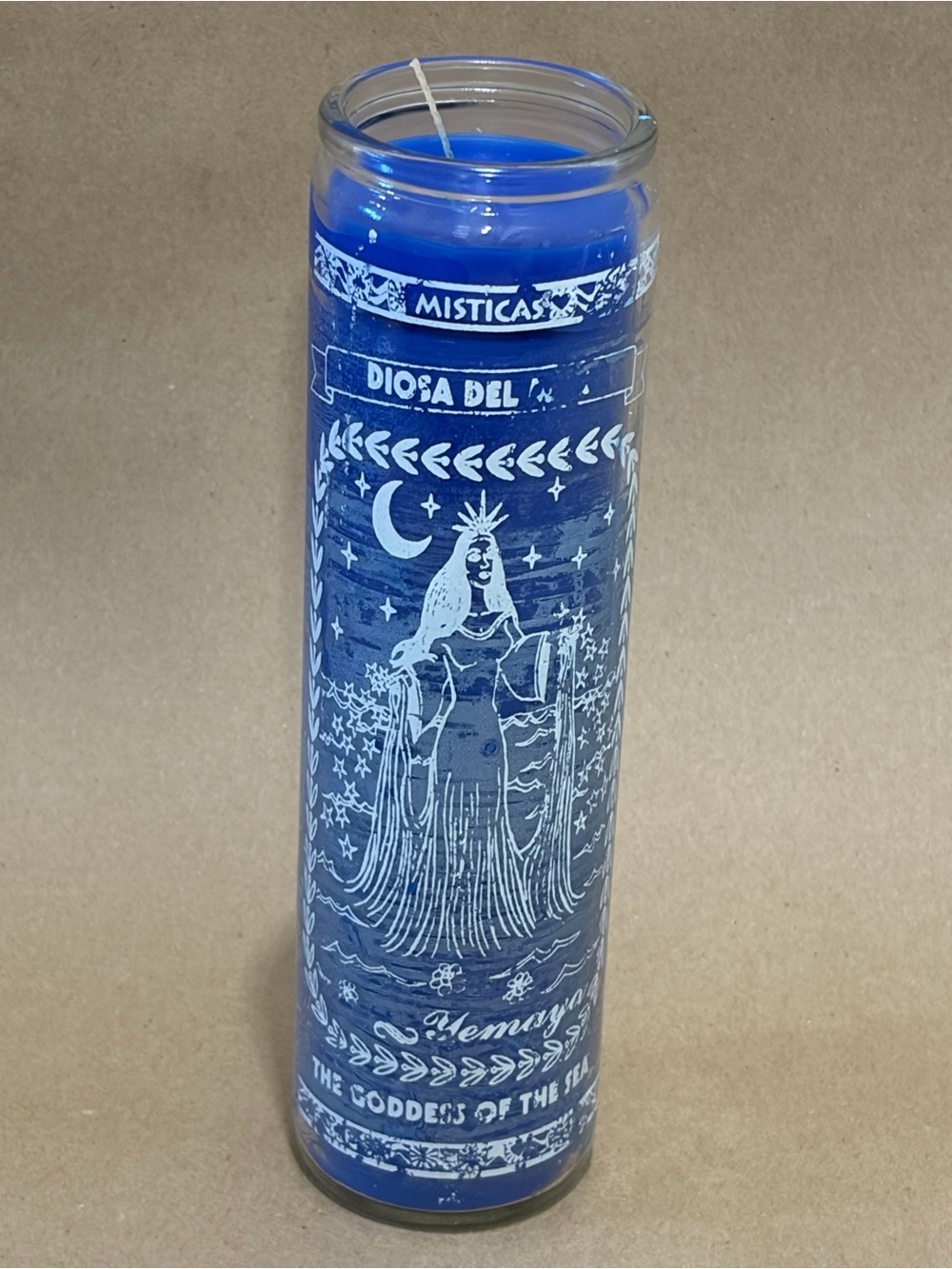 Blue 'Diosa del Mar' Glass Prayer Candle